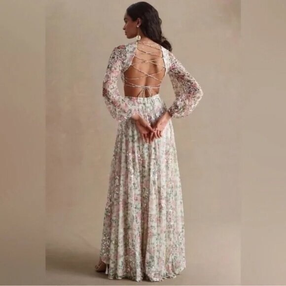 NWT Mac Duggal Sequined Floral Print Cut Out Lace Up Gown Size 6 - Picture 3 of 17